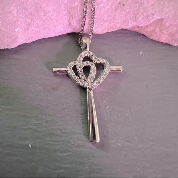 925 Sterling Silver CZ Double Hearts Cross Necklace - Picture 2 of 6